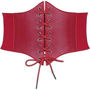 𝅺RED Leather Elastic Wide Stretch Belt Corset Top Halloween Cosplay Costume NWT